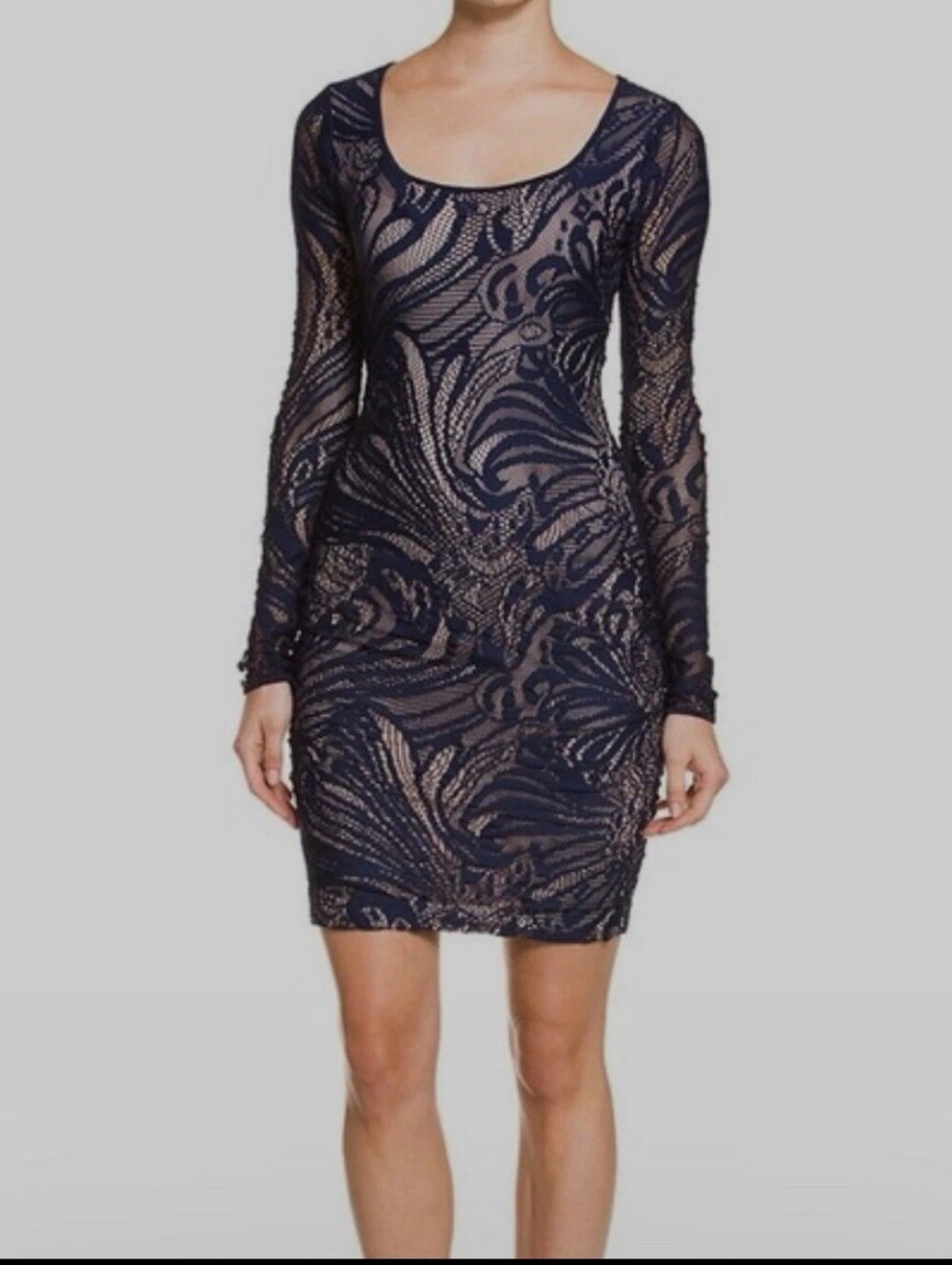 BCBG Vivia Imperial Blue Long Sleeve Lace Dress With Ruched Sides; Size M